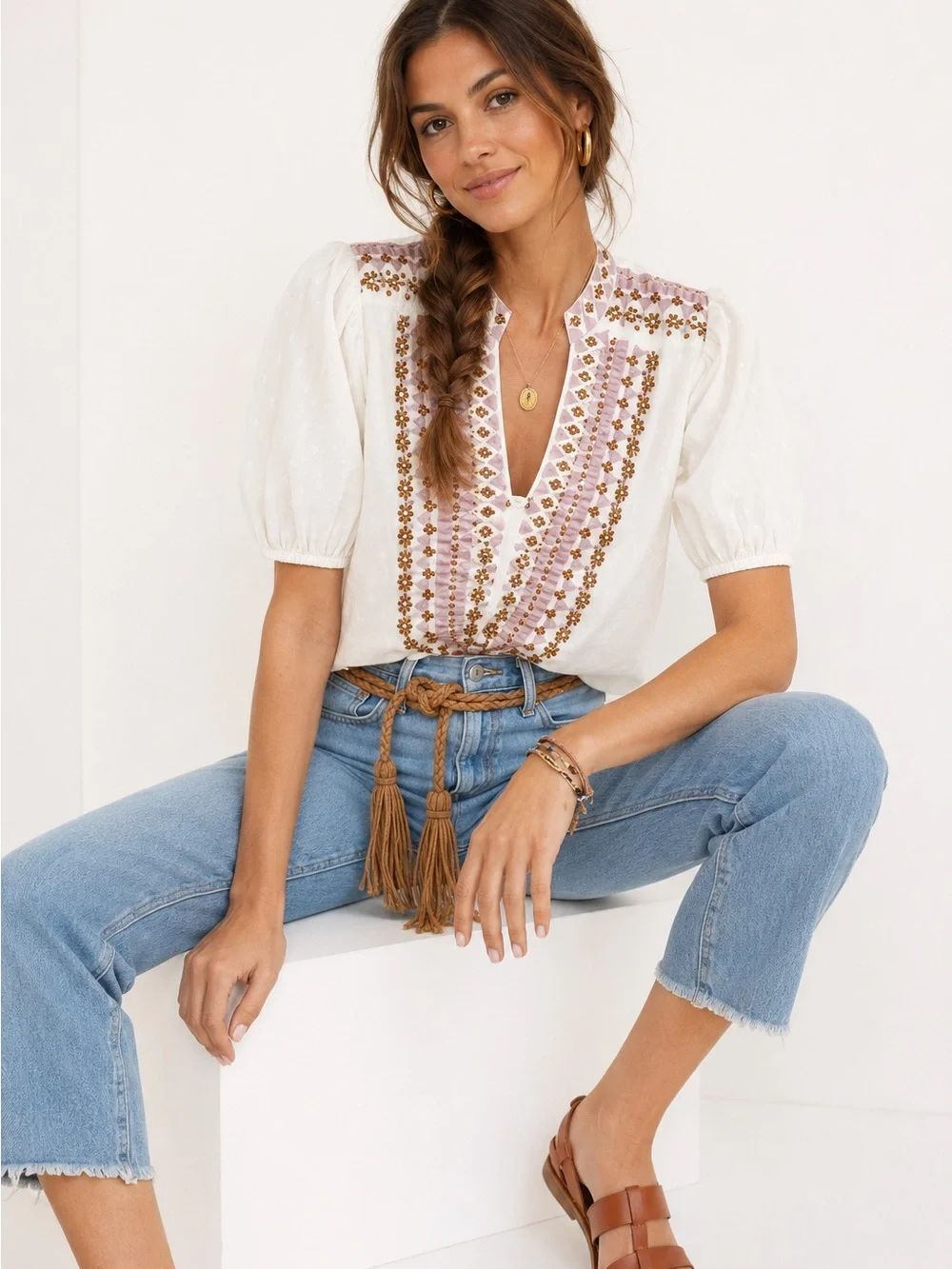 Anthropologie Forever That Girl Embroidered Beaded Cotton Swiss Dot Boho Blouse